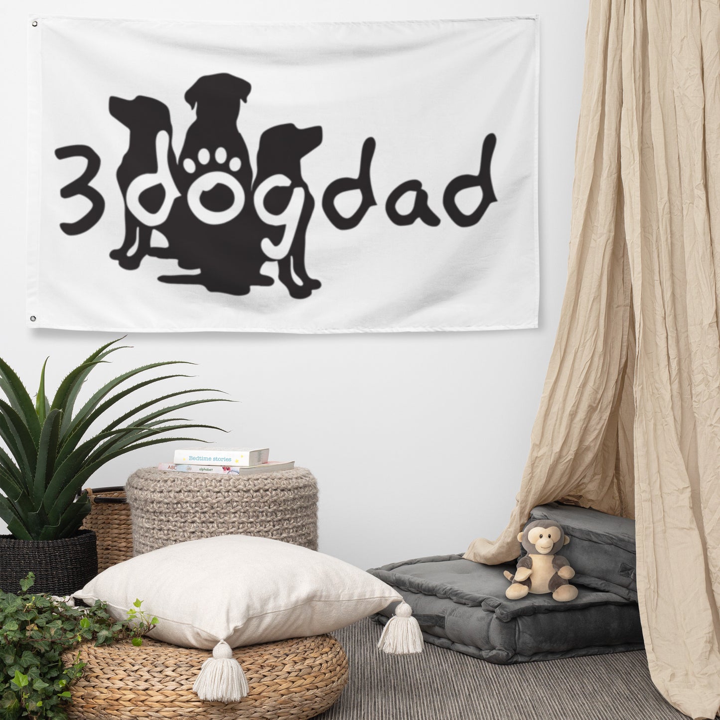 3 Dog Dad black logo on white flag