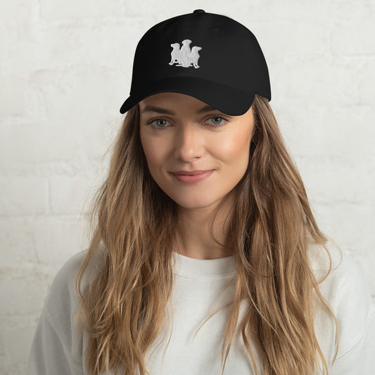 Dad hat with 3 Dog Dad logo split dogs on front text on back