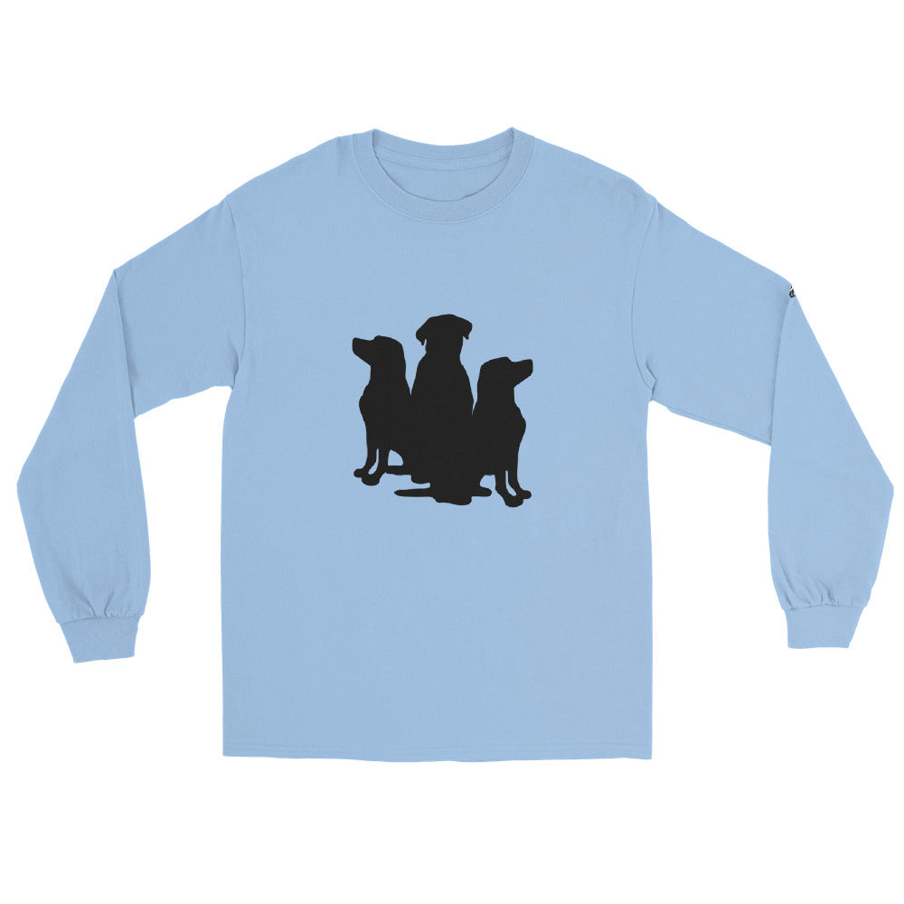 3 Dogs on long sleeve shirt full logo on sleeve- dog tee