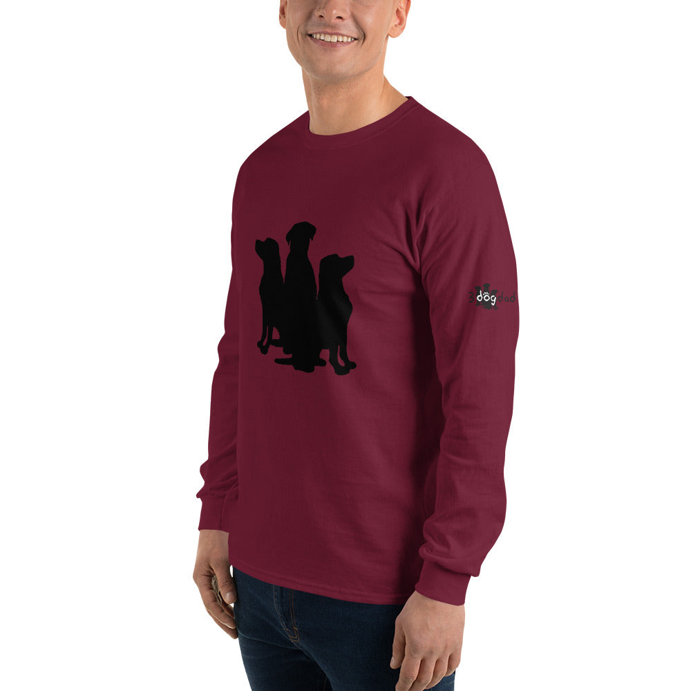 3 Dogs on long sleeve shirt full logo on sleeve- dog tee