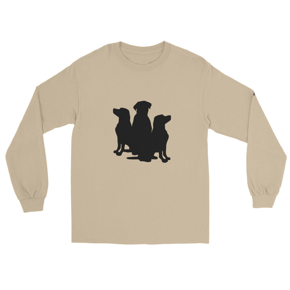 3 Dogs on long sleeve shirt full logo on sleeve- dog tee