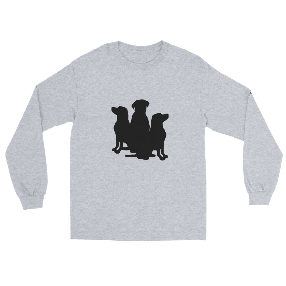 3 Dogs on long sleeve shirt full logo on sleeve- dog tee