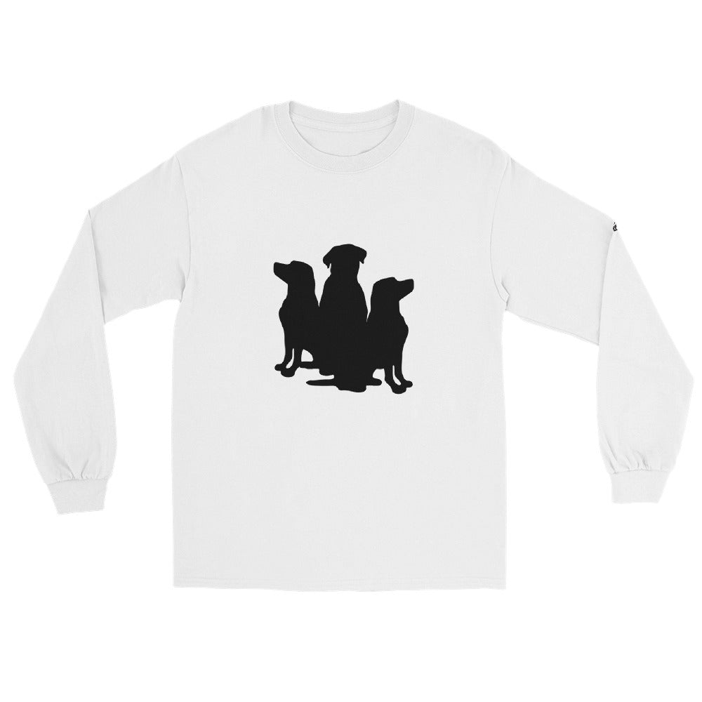 3 Dogs on long sleeve shirt full logo on sleeve- dog tee