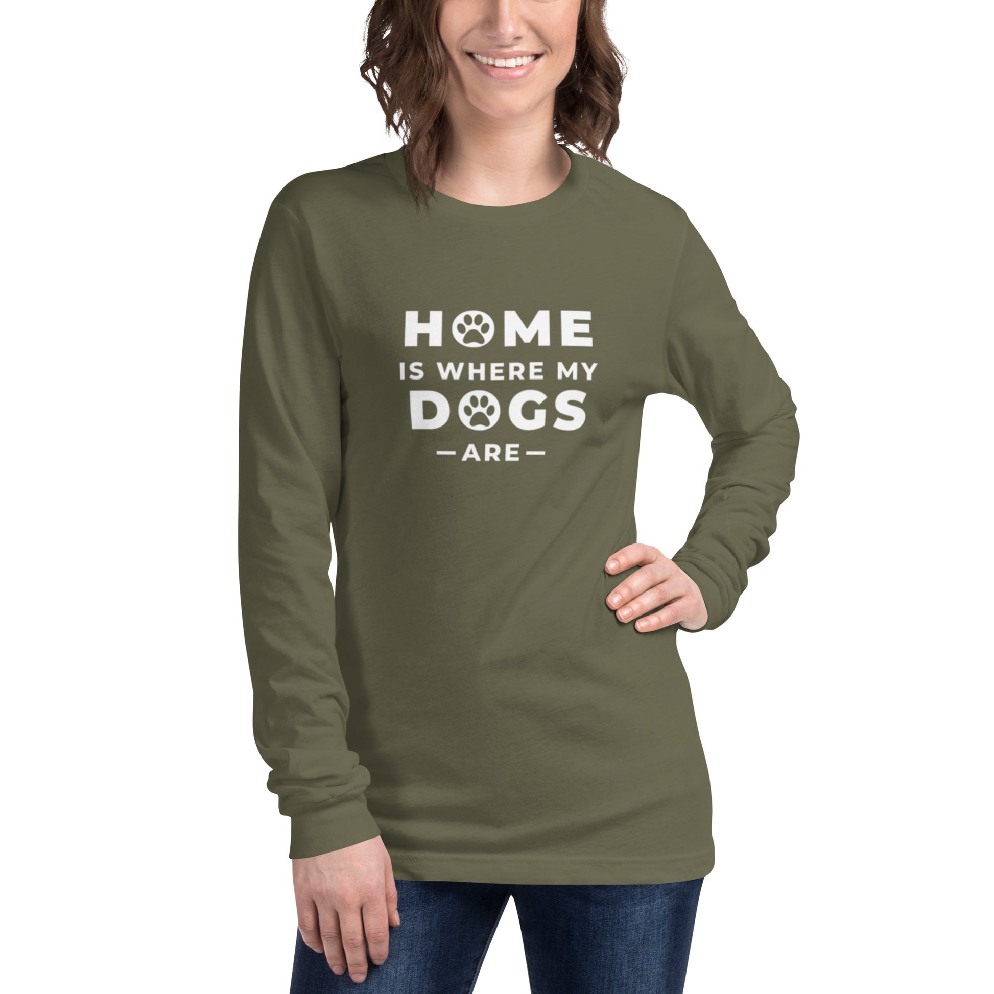 Long sleeve t-shirt with "Home is where my dogs are" graphic tee