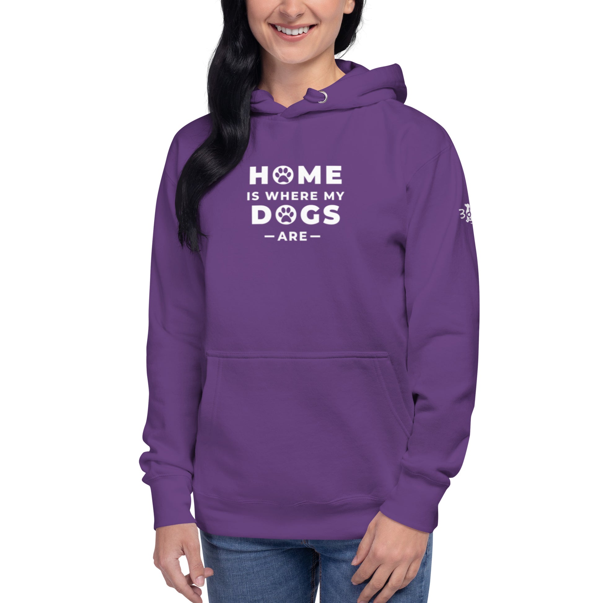 Hoodie with "Home is where my dogs are" Print on front, 3DD logo on left sleeve